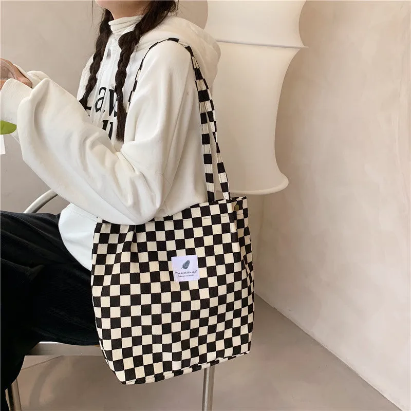 012174 Retro Corduroy Chessboard Plaid Shoulder Tote Bag for Female Students Class Canvas Bag Simple Woven Handbag
