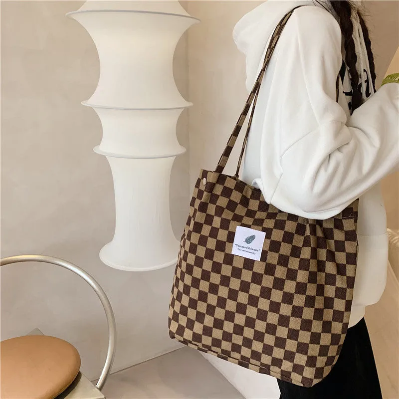 012174 Retro Corduroy Chessboard Plaid Shoulder Tote Bag for Female Students Class Canvas Bag Simple Woven Handbag