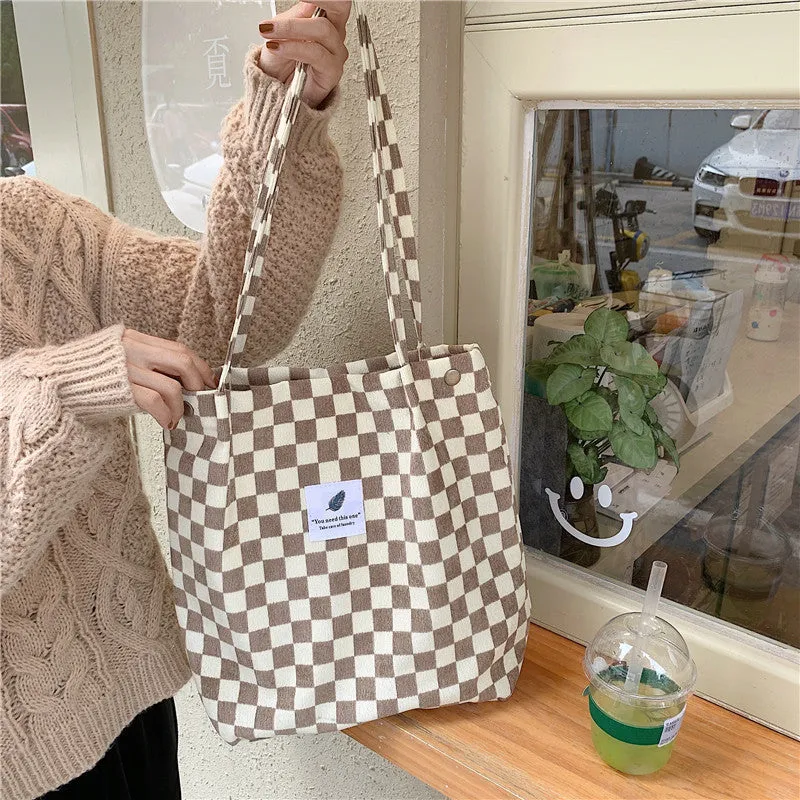 012174 Retro Corduroy Chessboard Plaid Shoulder Tote Bag for Female Students Class Canvas Bag Simple Woven Handbag