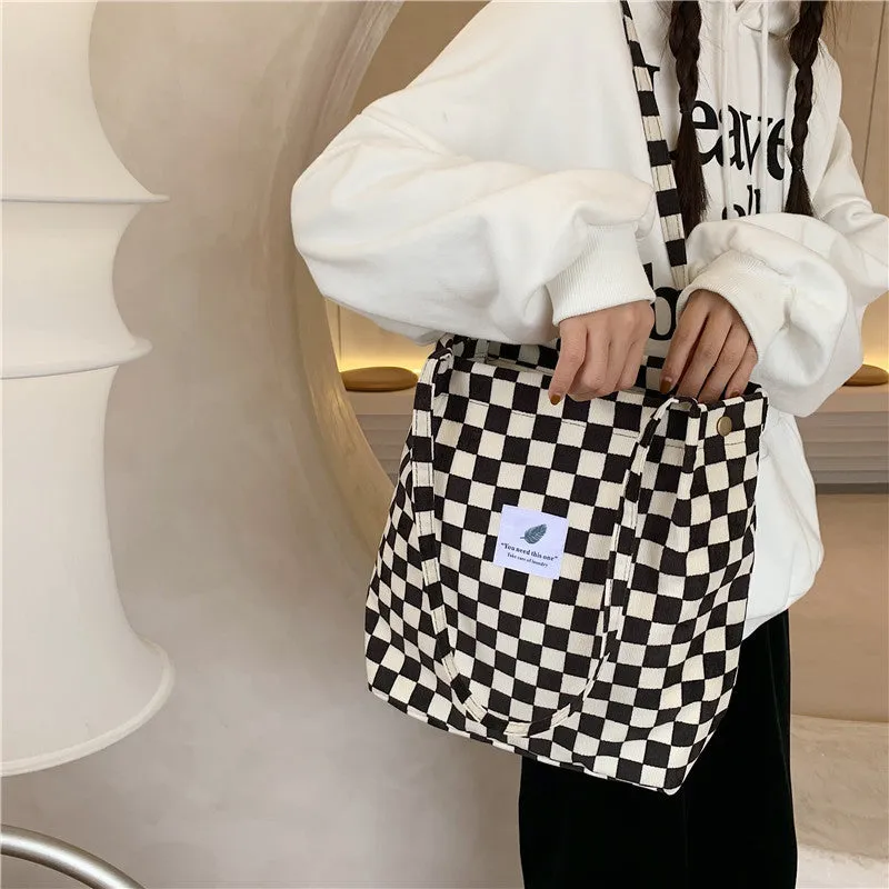 012174 Retro Corduroy Chessboard Plaid Shoulder Tote Bag for Female Students Class Canvas Bag Simple Woven Handbag