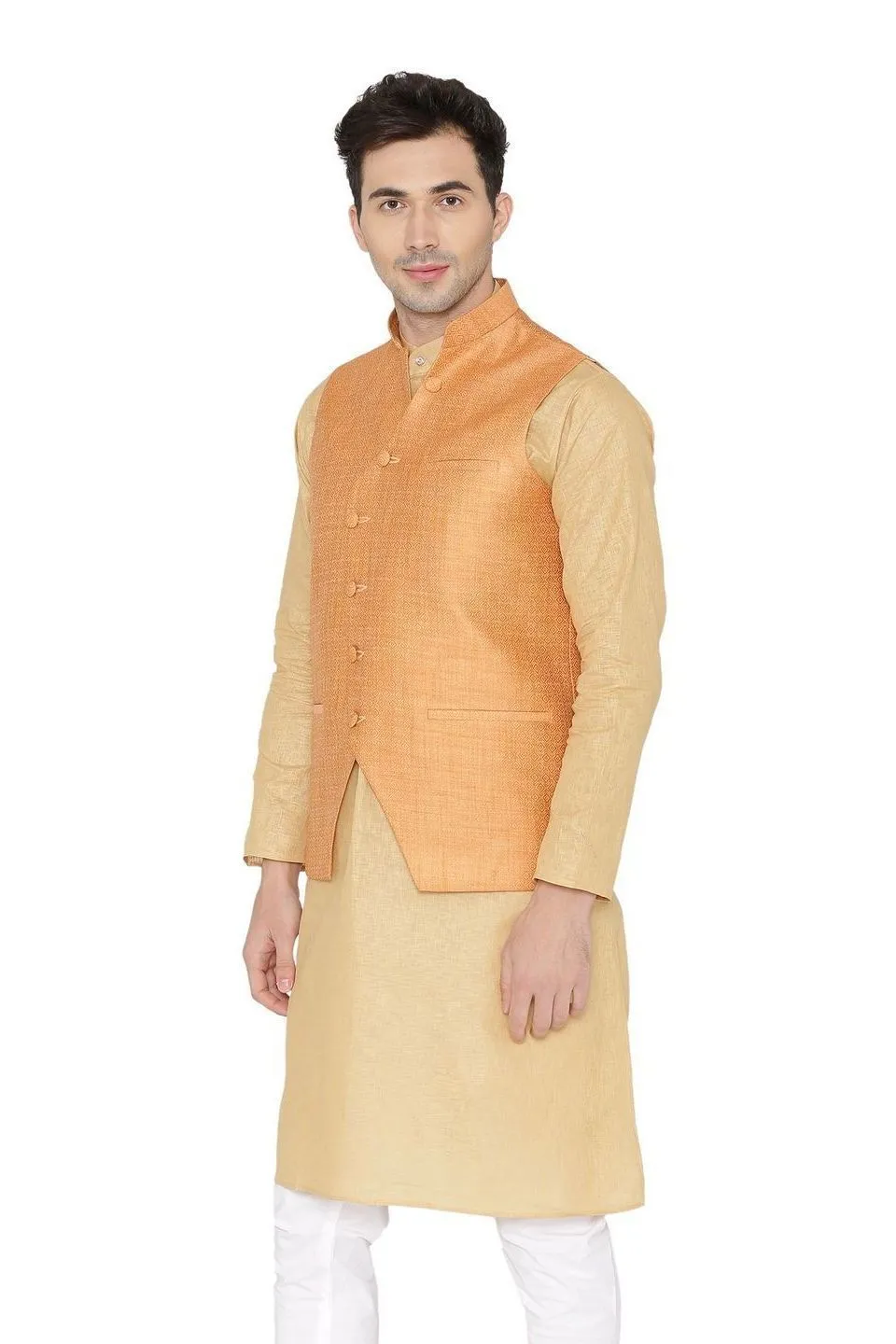 Banarasi Rayon Cotton Orange Modi Nehru Jacket