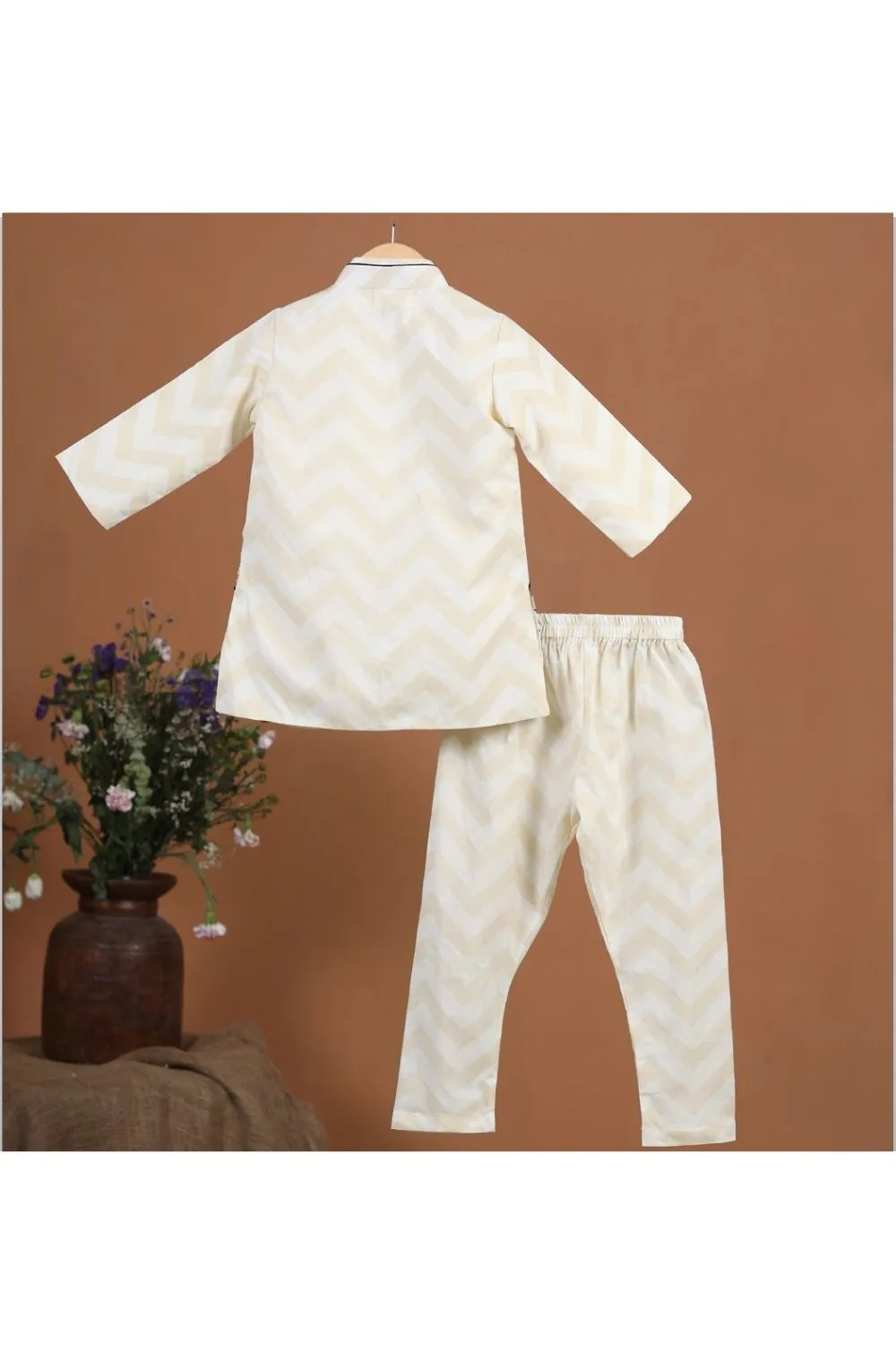 Beige Cotton Kurta And Churidar With Jacket Set