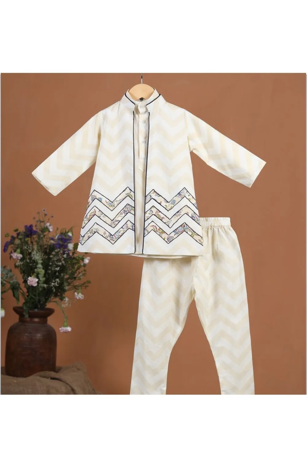 Beige Cotton Kurta And Churidar With Jacket Set