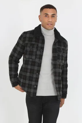 BLACK BUTTON THROUGH SHERPA COLLAR CHECKED JACKET
