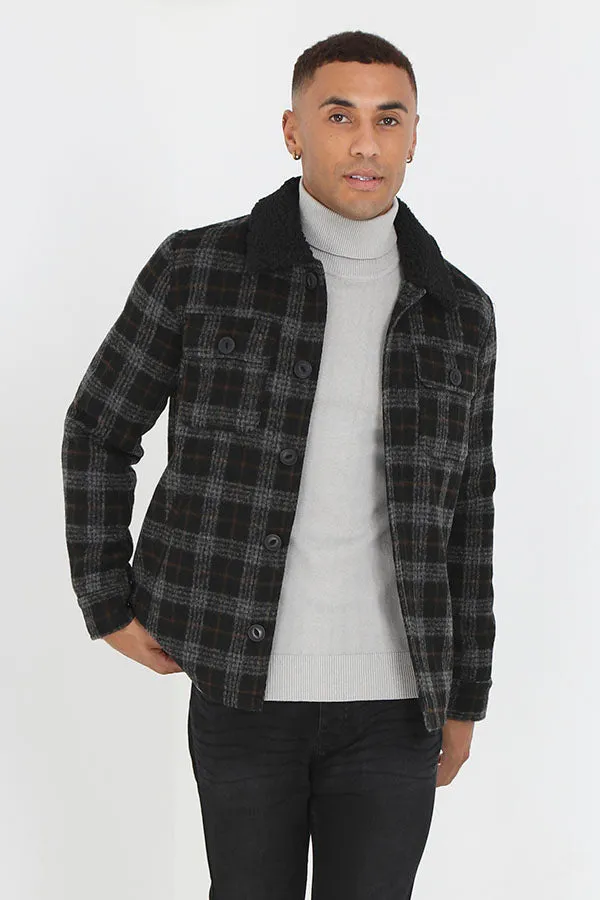 BLACK BUTTON THROUGH SHERPA COLLAR CHECKED JACKET