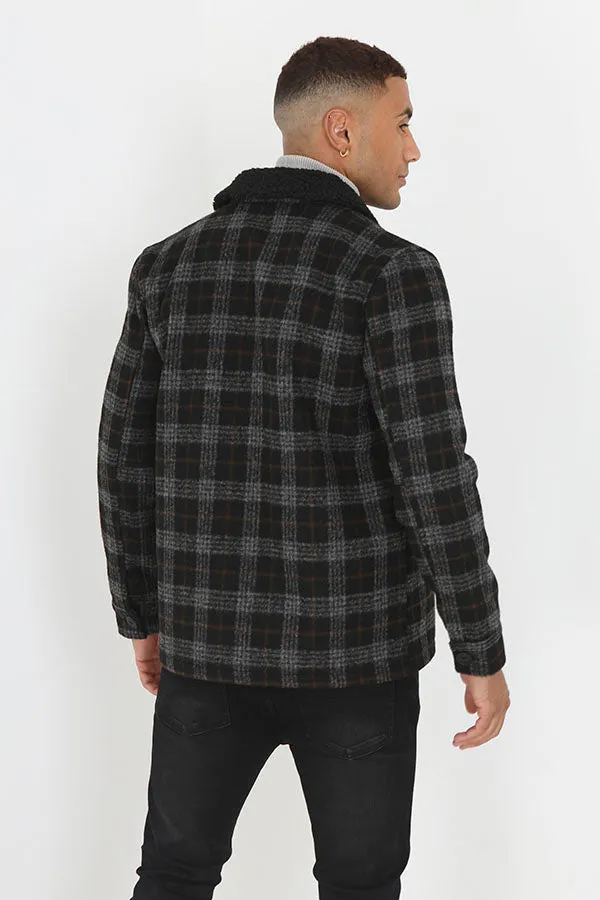 BLACK BUTTON THROUGH SHERPA COLLAR CHECKED JACKET