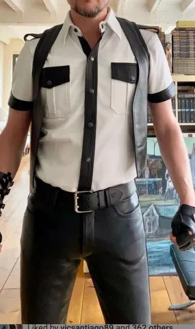 black white leather short sleeve shirt