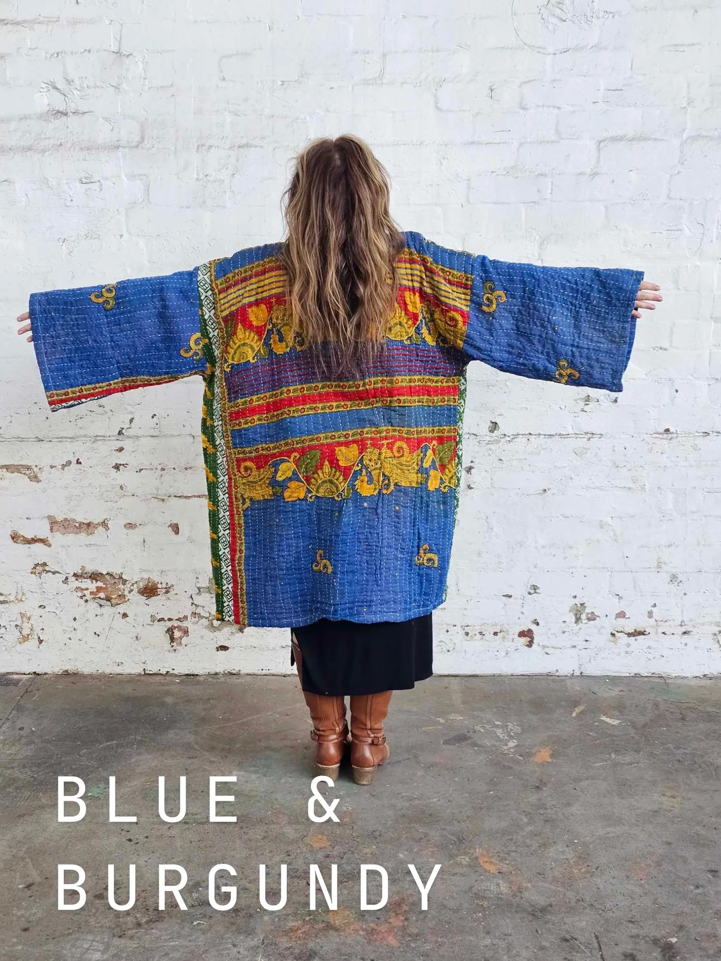 BLUE & BURGUNDY Vintage Kantha Kimono