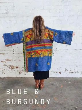 BLUE & BURGUNDY Vintage Kantha Kimono