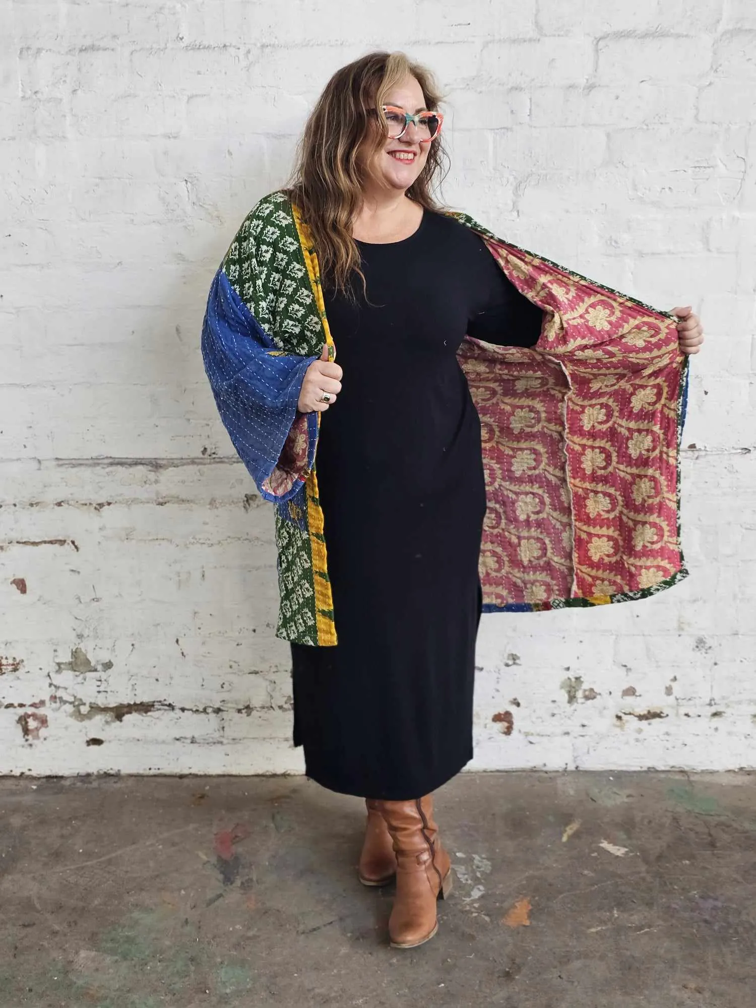 BLUE & BURGUNDY Vintage Kantha Kimono