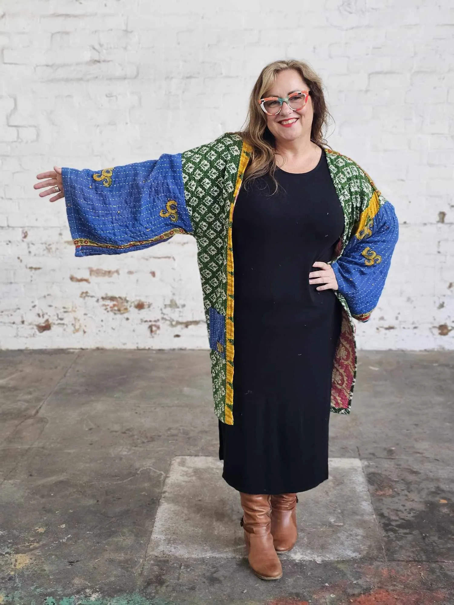 BLUE & BURGUNDY Vintage Kantha Kimono