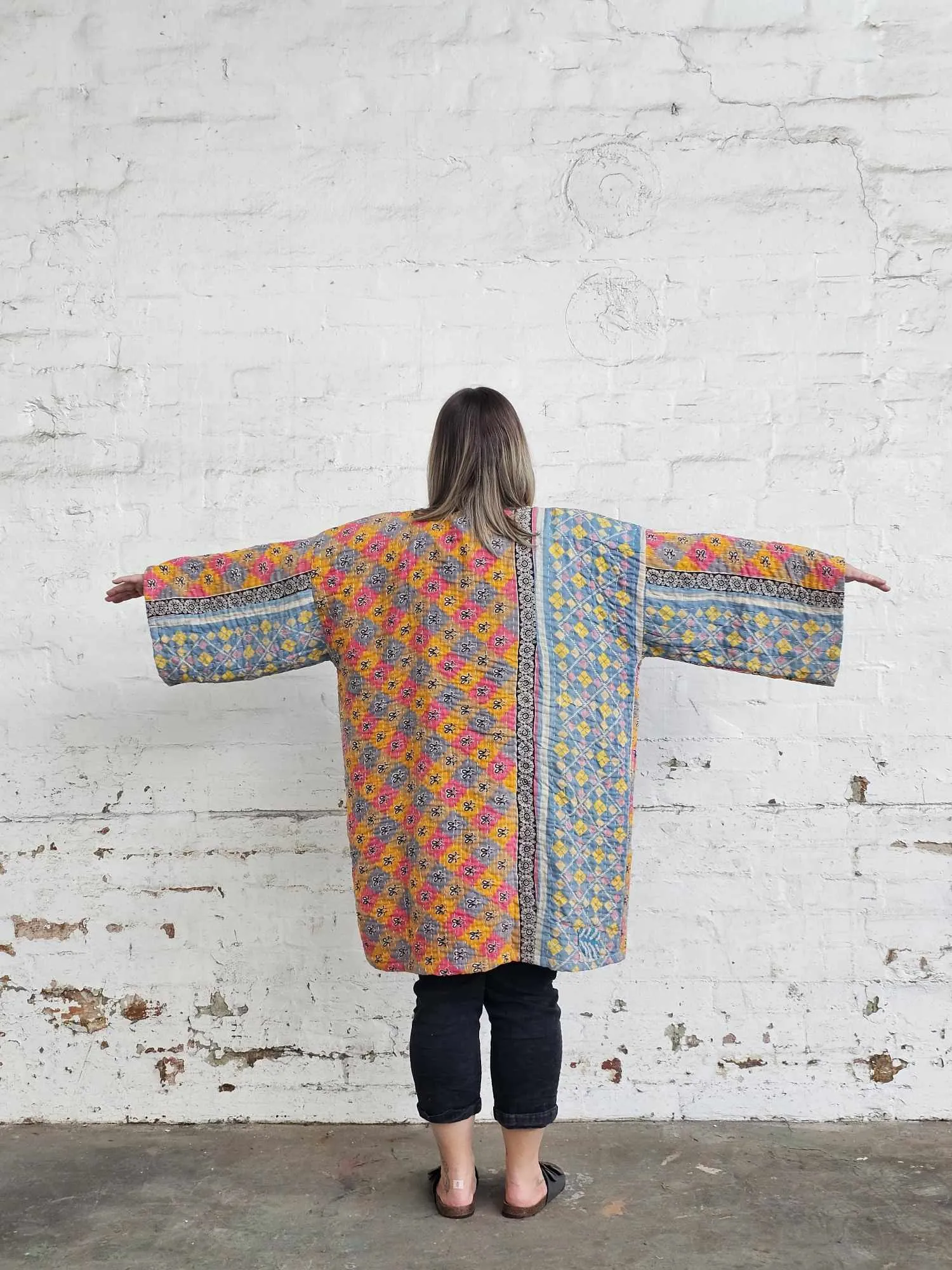 BLUE FLORALS & STRIPES Vintage Kantha Kimono