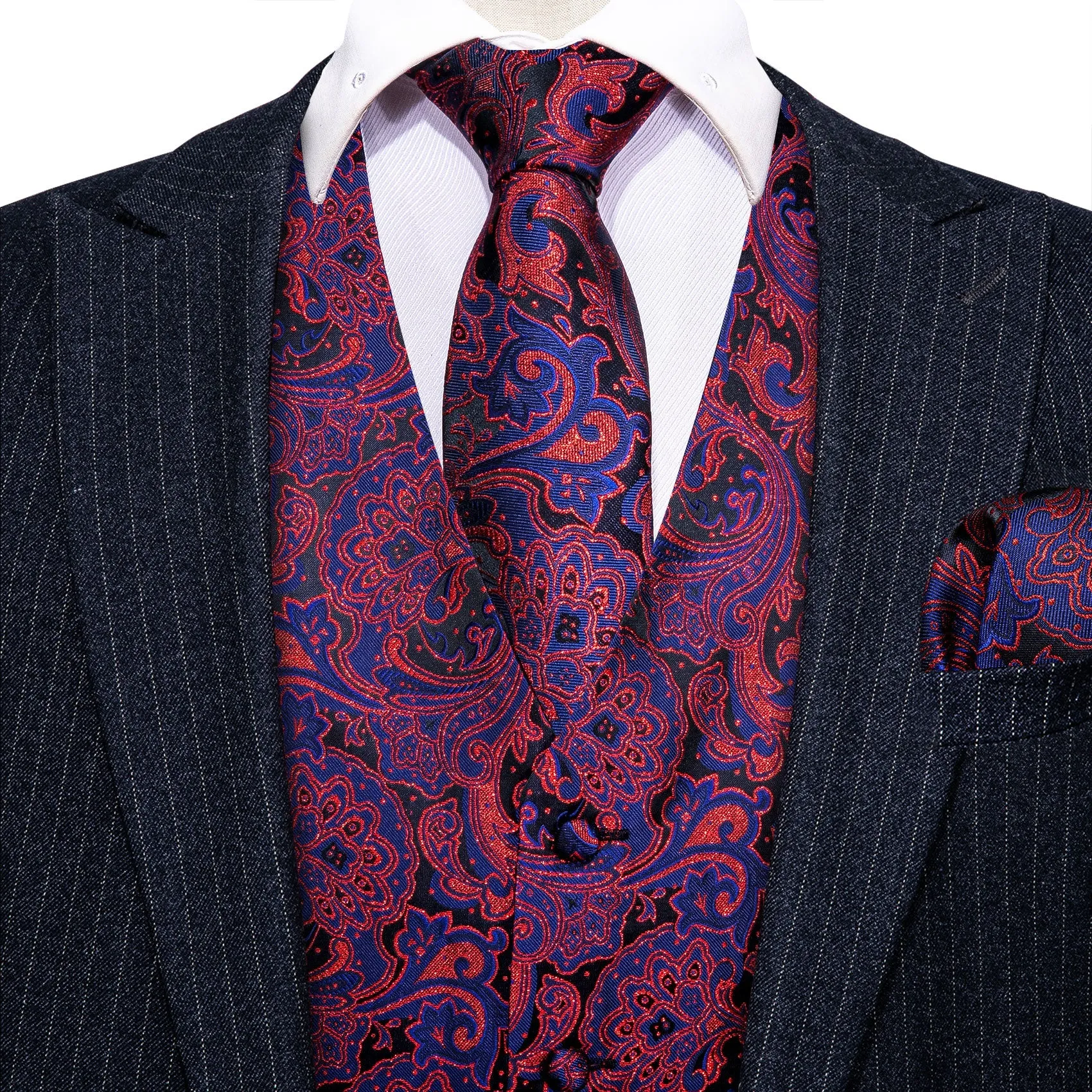 Blue Red Paisley Jacquard Silk Men's Vest Hanky Cufflinks Tie Set