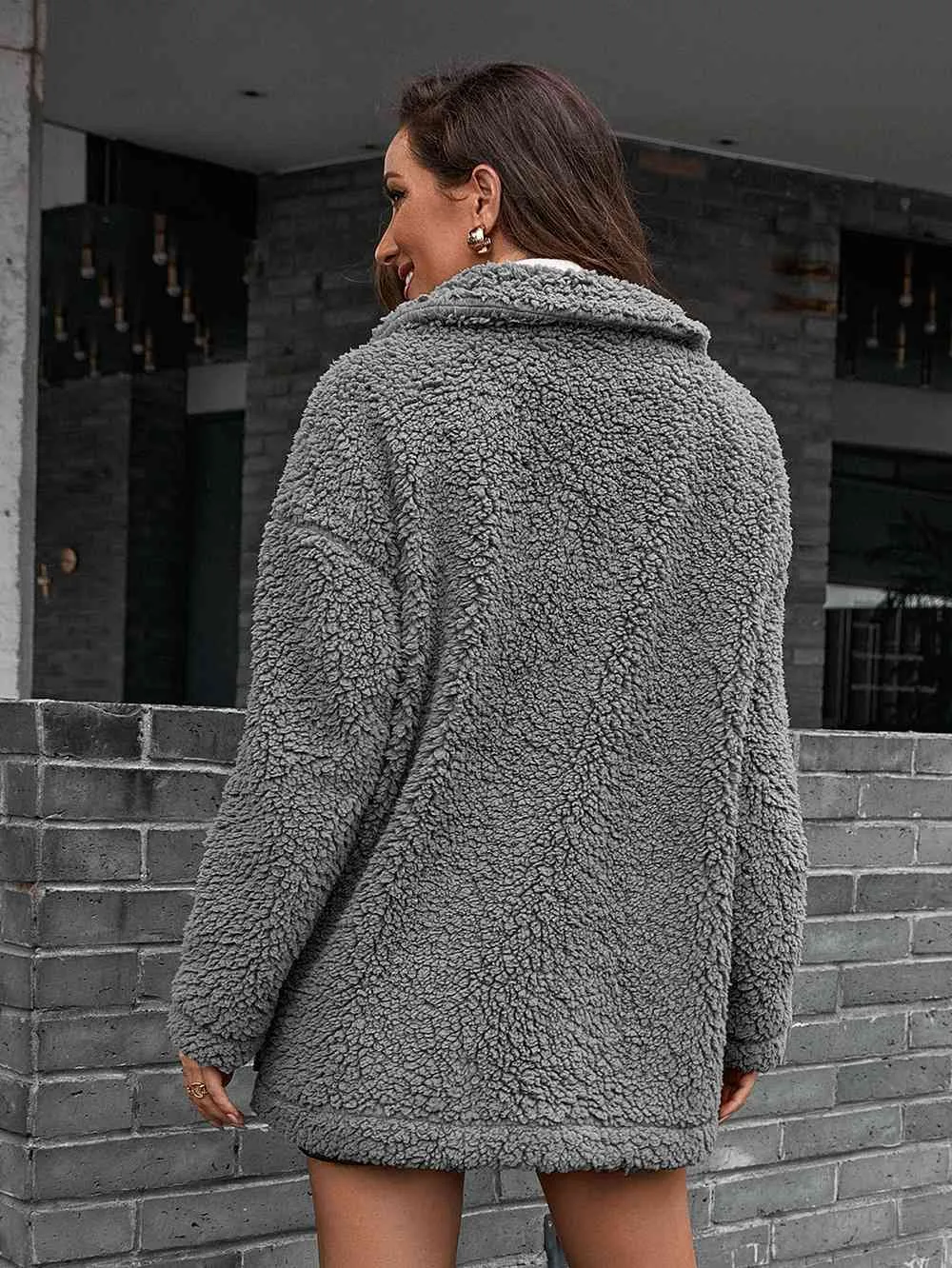 Double Take Zip-Up Collared Teddy Jacket