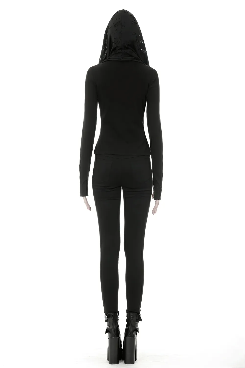 Edgy Black Hoodie with Metal Accents And Shredded Hood