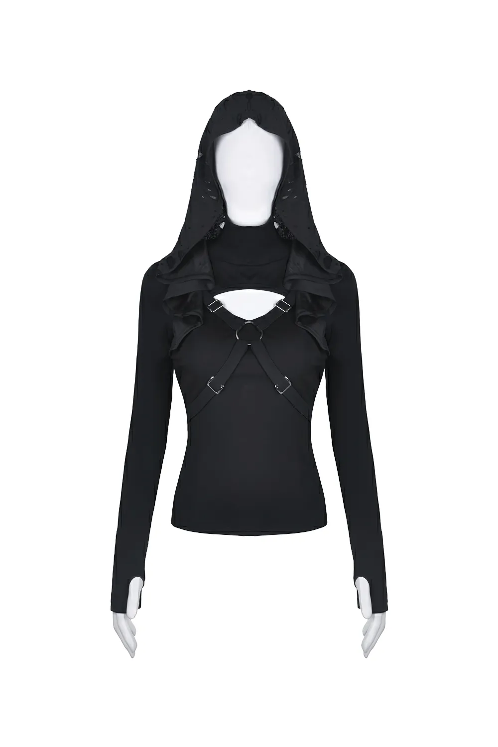 Edgy Black Hoodie with Metal Accents And Shredded Hood