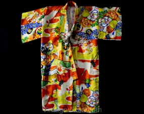 Girl's 3T 4T Kimono Robe - Child's 1940s 50s Japanese Cranes Rayon Print House Coat - Orange Blue Yellow Asian Toddler Jacket - Chest 24