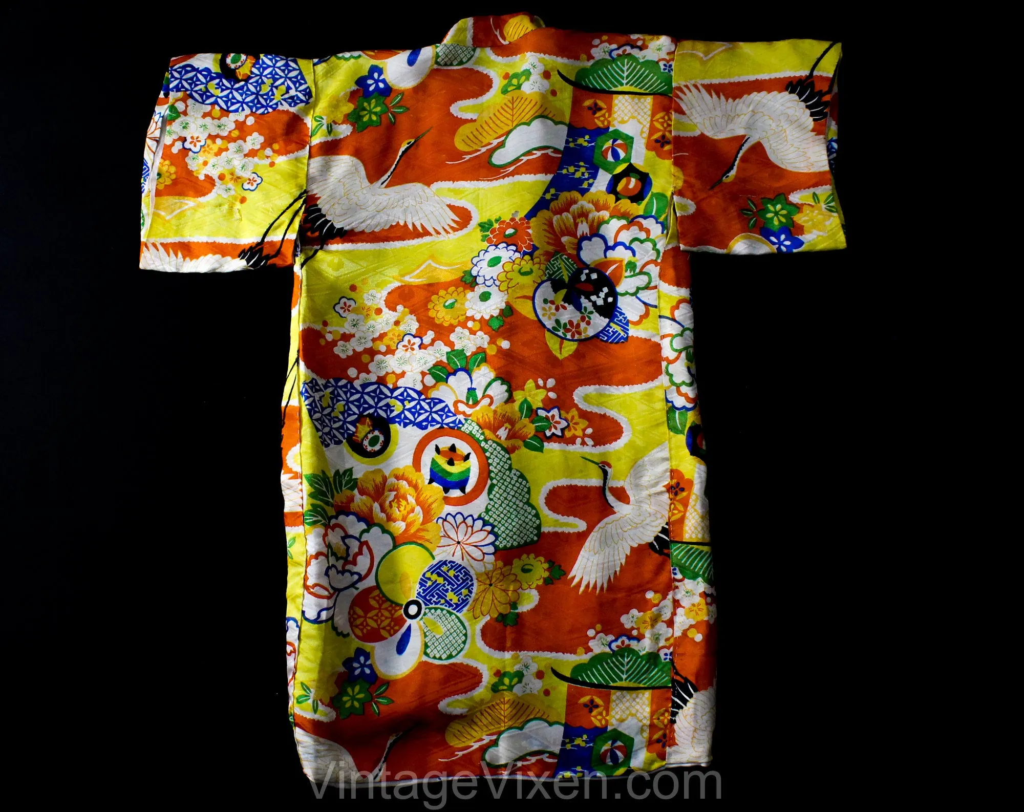 Girl's 3T 4T Kimono Robe - Child's 1940s 50s Japanese Cranes Rayon Print House Coat - Orange Blue Yellow Asian Toddler Jacket - Chest 24