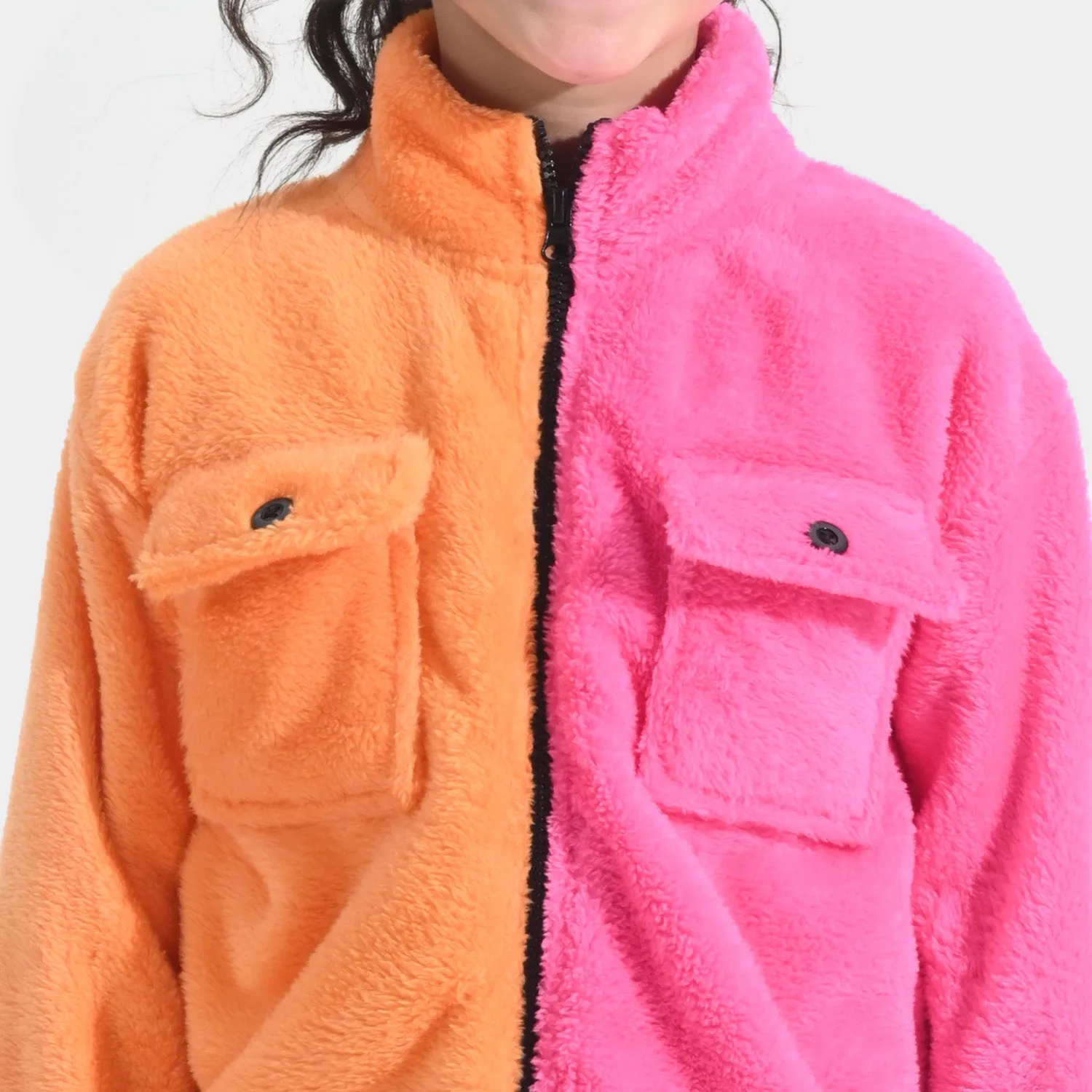 Girls Sherpa Jacket 2 Tone-Orange/Pink