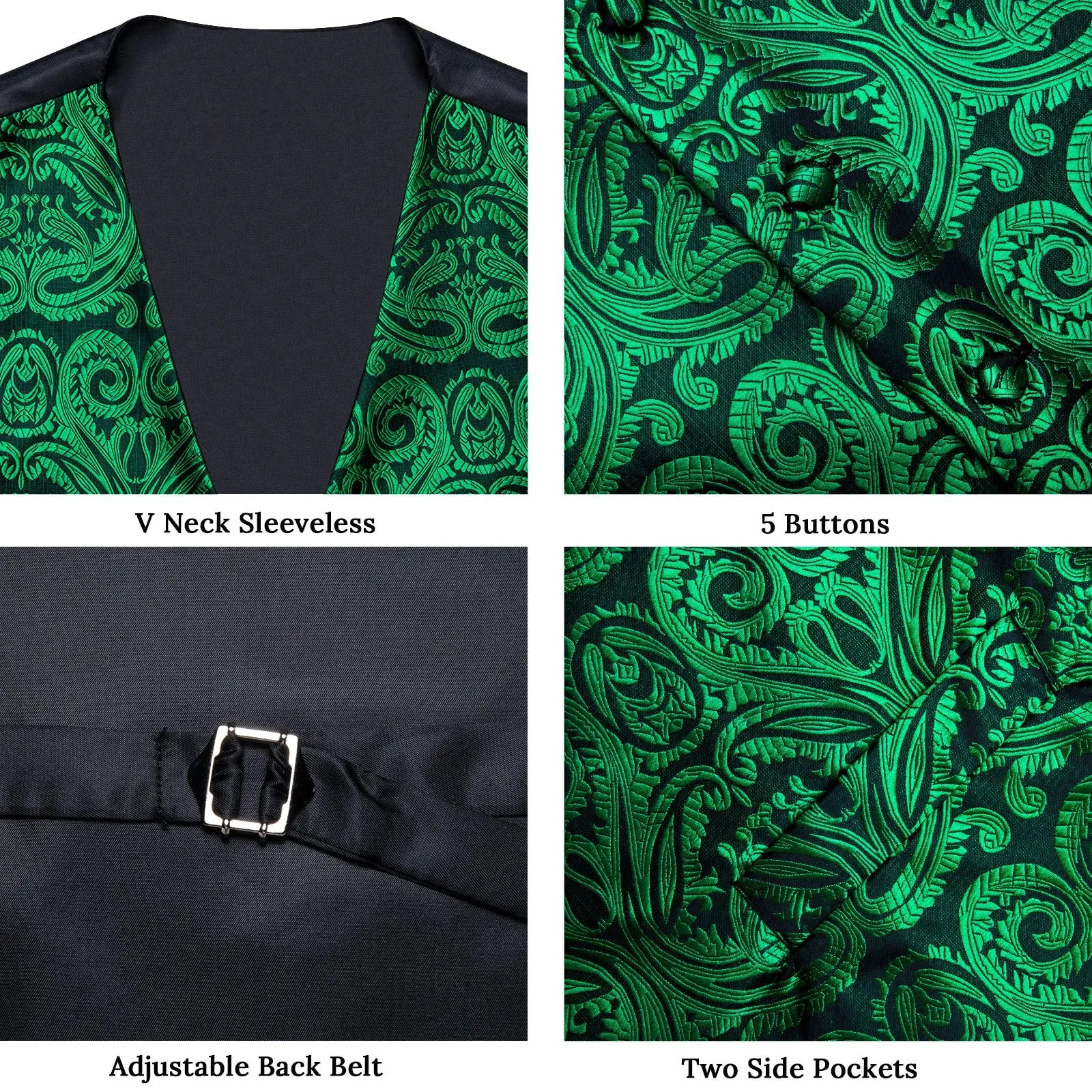 Green Paisley Jacquard Silk Men Vest Bow Tie Handkerchief Cufflinks Set
