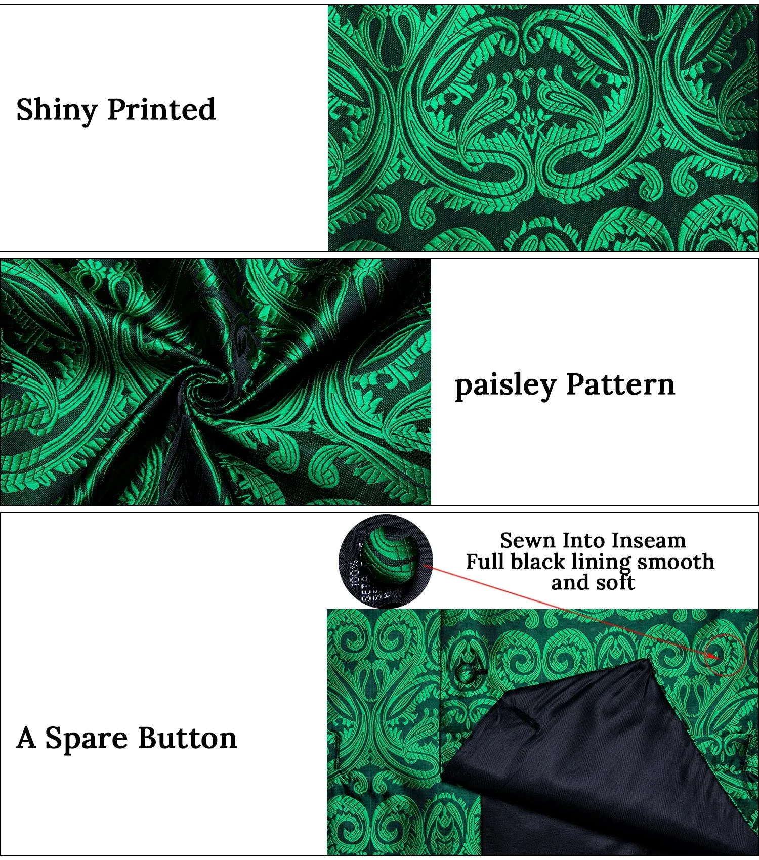 Green Paisley Jacquard Silk Men Vest Bow Tie Handkerchief Cufflinks Set