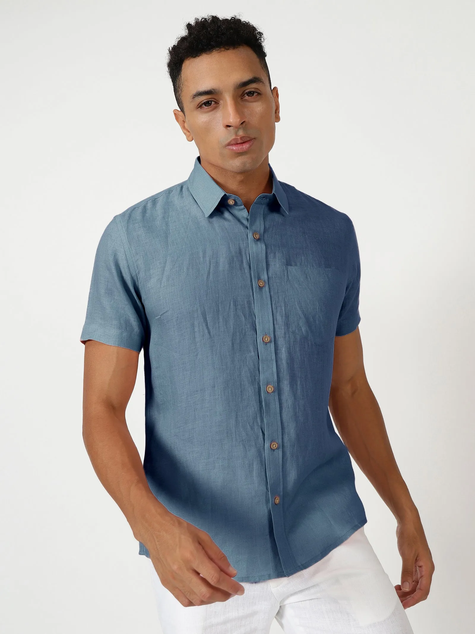 Harvey - Pure Linen Half Sleeve Shirt - Blue Grey