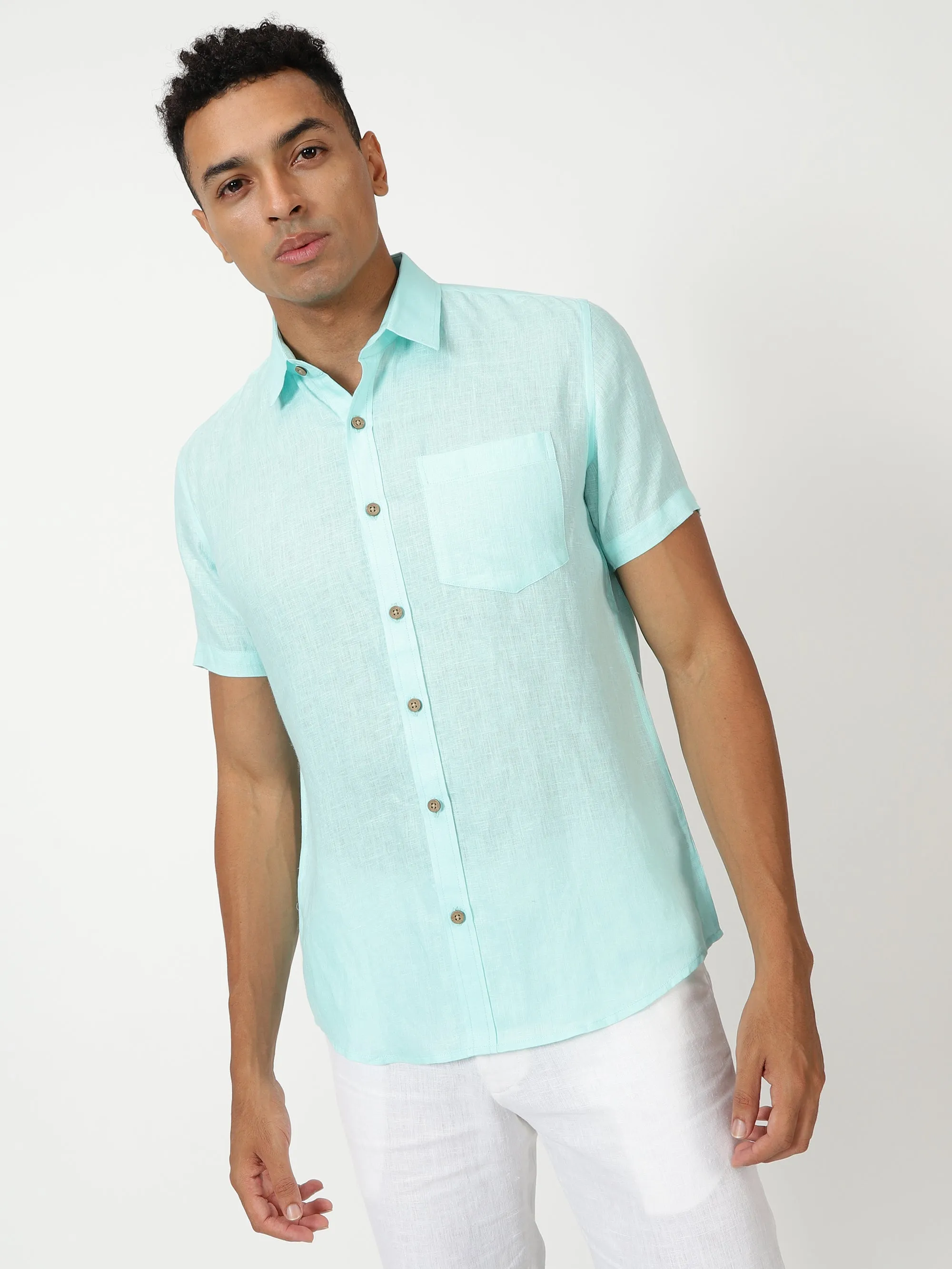 Harvey - Pure Linen Half Sleeve Shirt - Cyan Blue