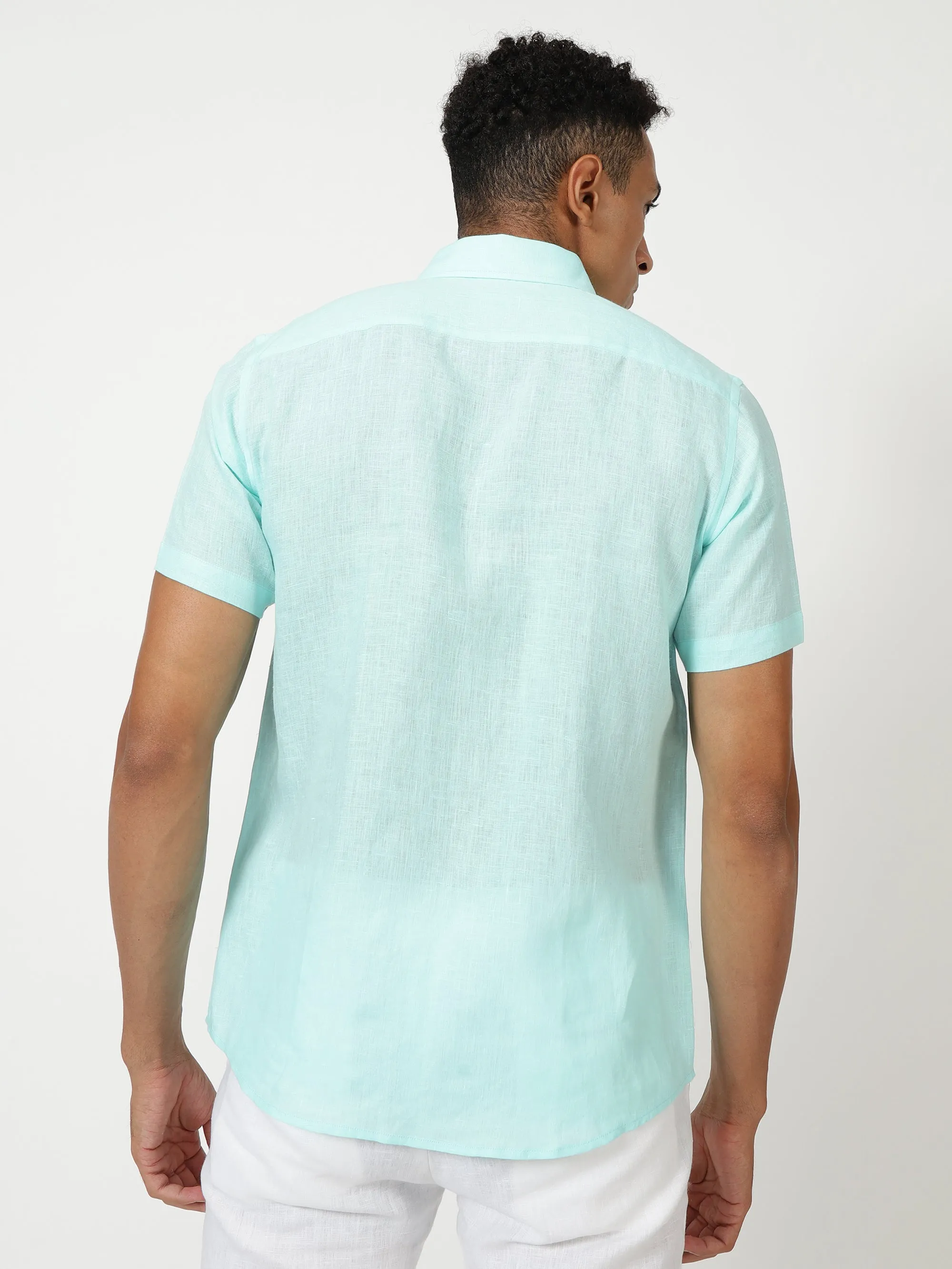 Harvey - Pure Linen Half Sleeve Shirt - Cyan Blue
