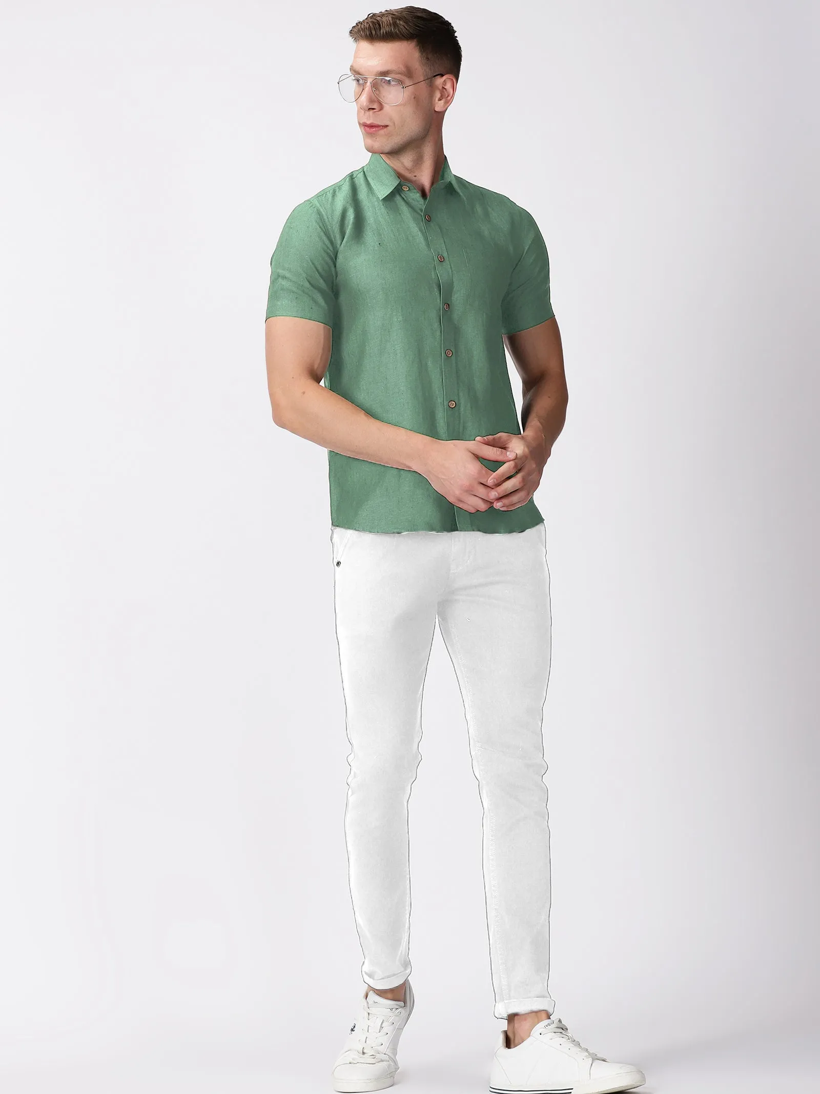 Harvey - Pure Linen Half Sleeve Shirt - Smoke Green