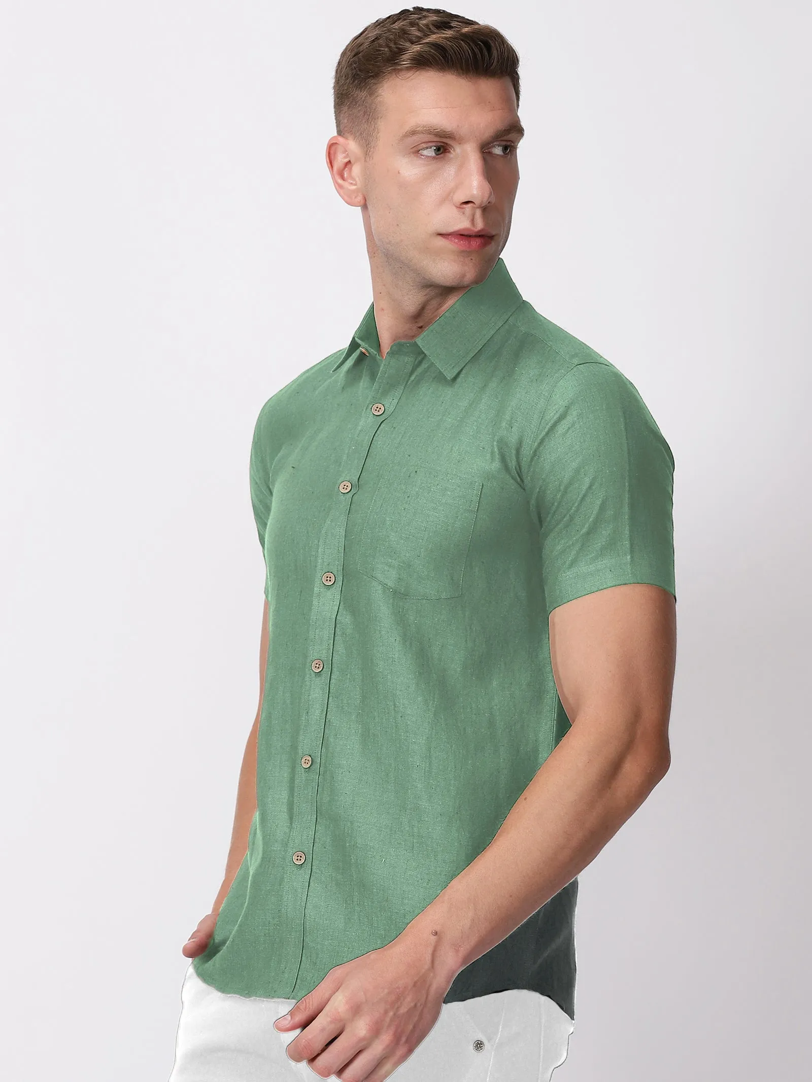 Harvey - Pure Linen Half Sleeve Shirt - Smoke Green
