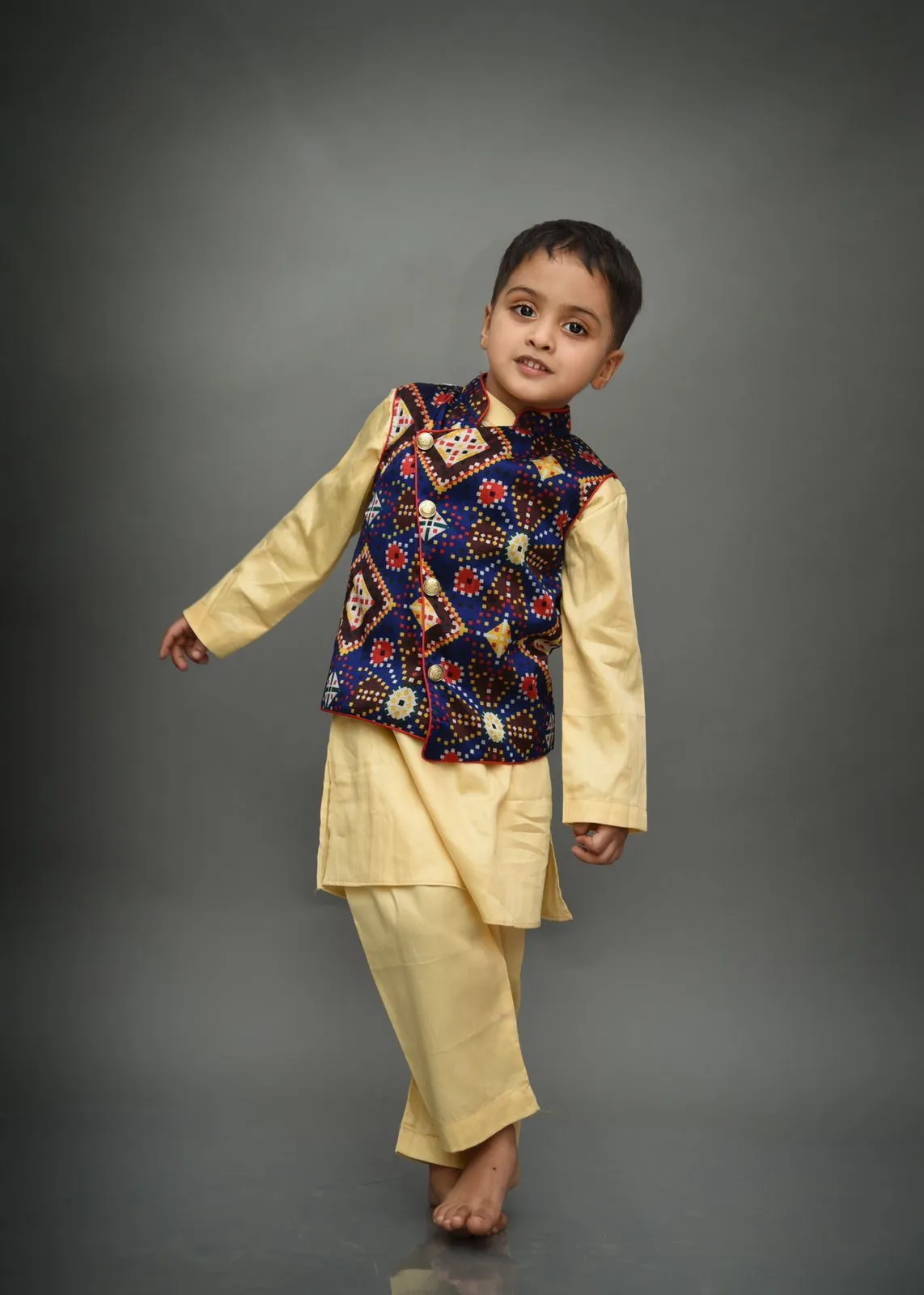 Ink blue printed jacket with cream kurta pyjama set