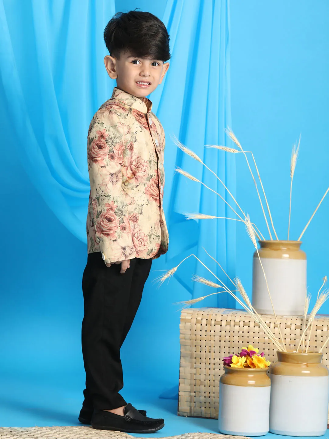Jashvi Boy's Beige Printed Jodhpuri