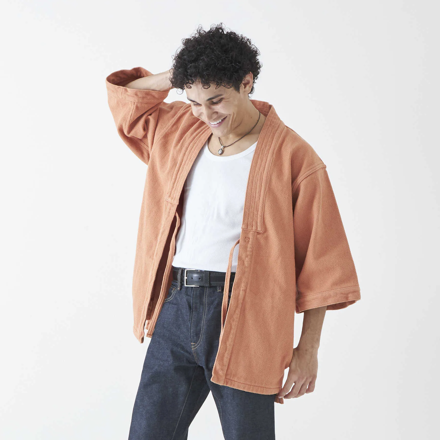Kimono Jacket in Japanese Sashiko Embroidery | Kakishibu Orange