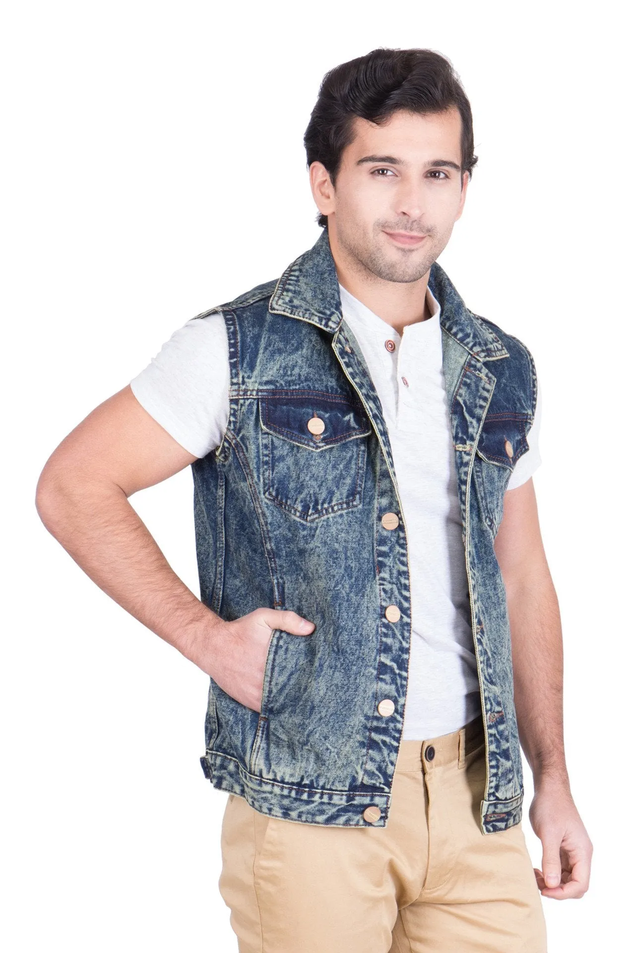 Krossstitch Sleeveless Green Cloud Wash Men's Denim Jacket with Brass Button