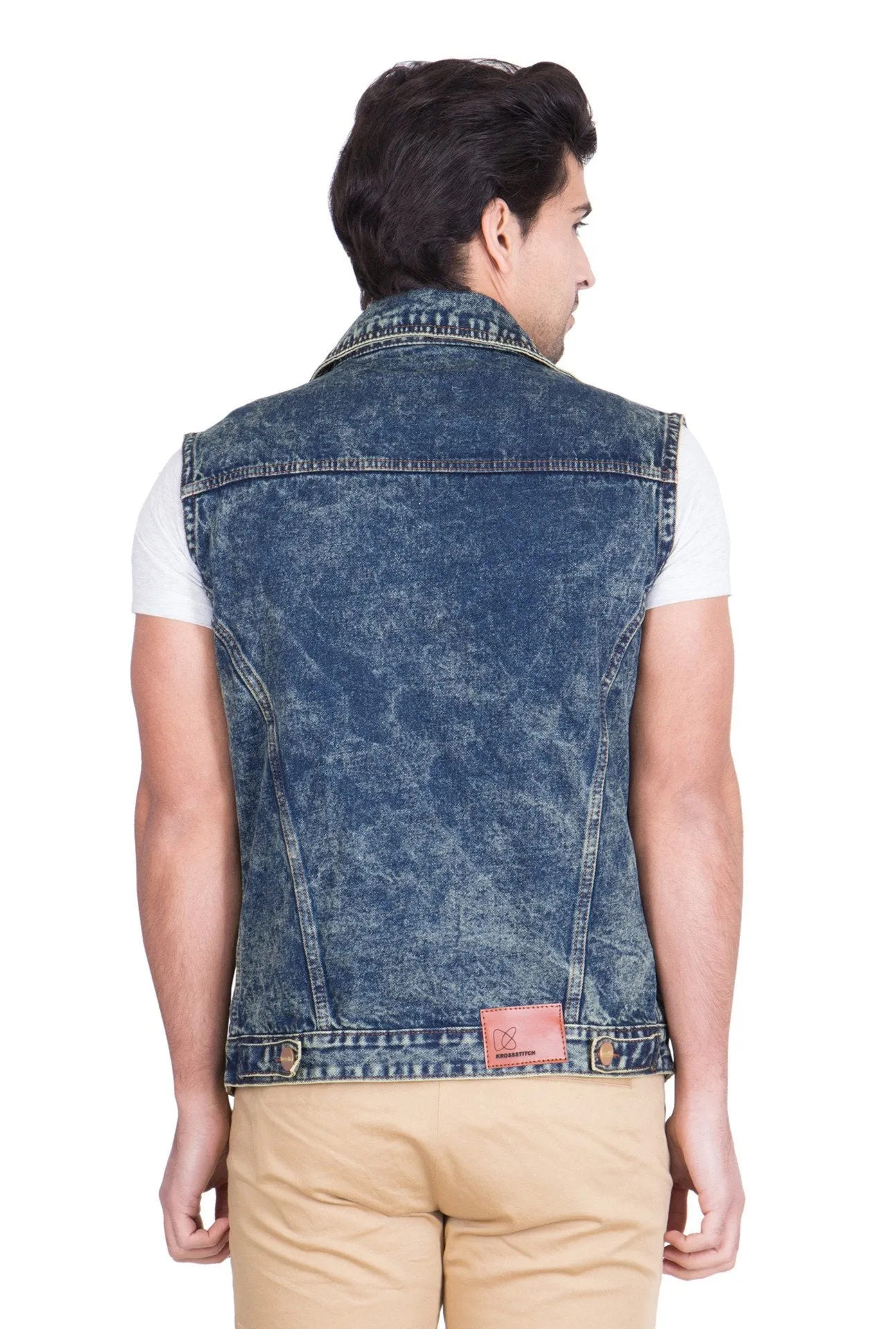 Krossstitch Sleeveless Green Cloud Wash Men's Denim Jacket with Brass Button