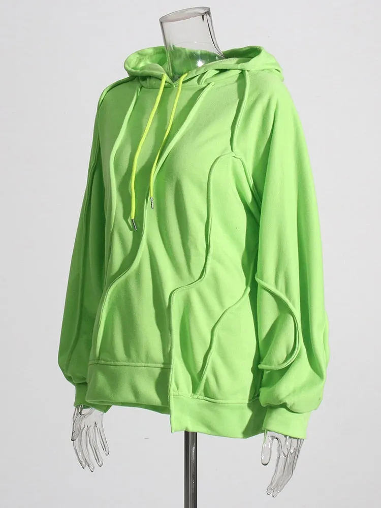 Loose Solid Sweatshirts For Women Hooded Long Sleeve Patchwork Drawstring Pullover Casual Sweatshirt Female
