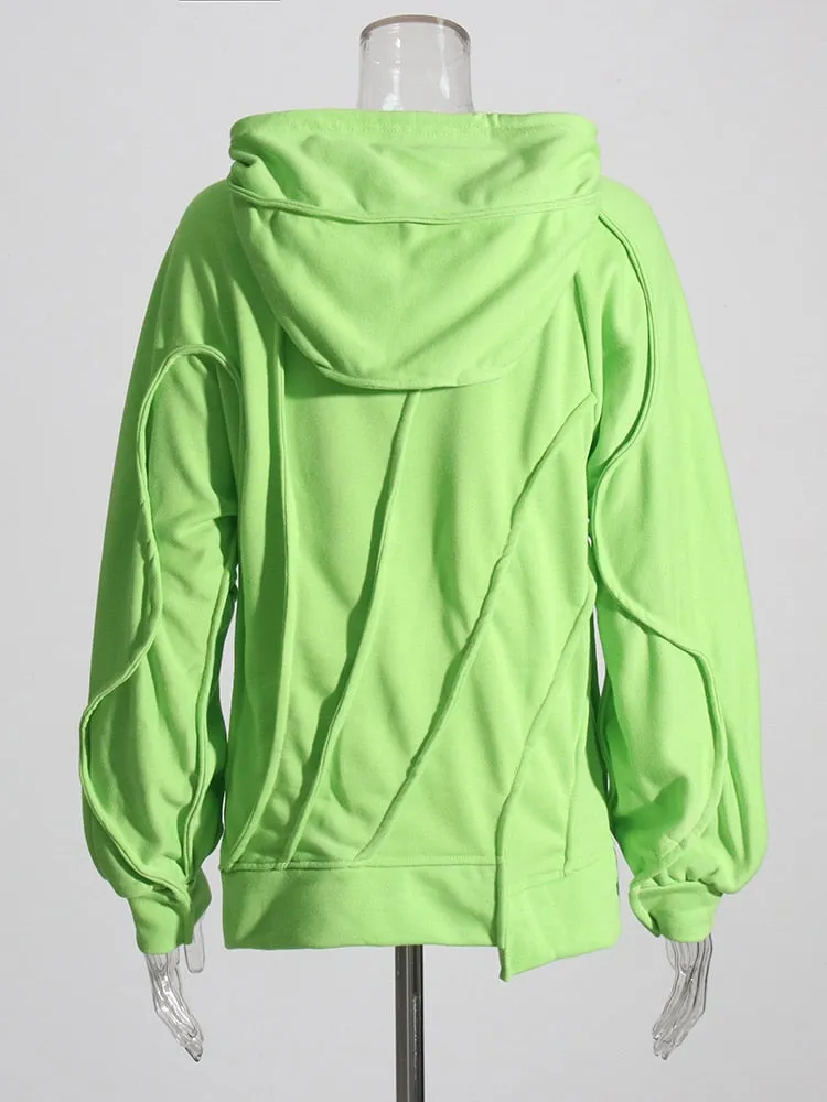 Loose Solid Sweatshirts For Women Hooded Long Sleeve Patchwork Drawstring Pullover Casual Sweatshirt Female