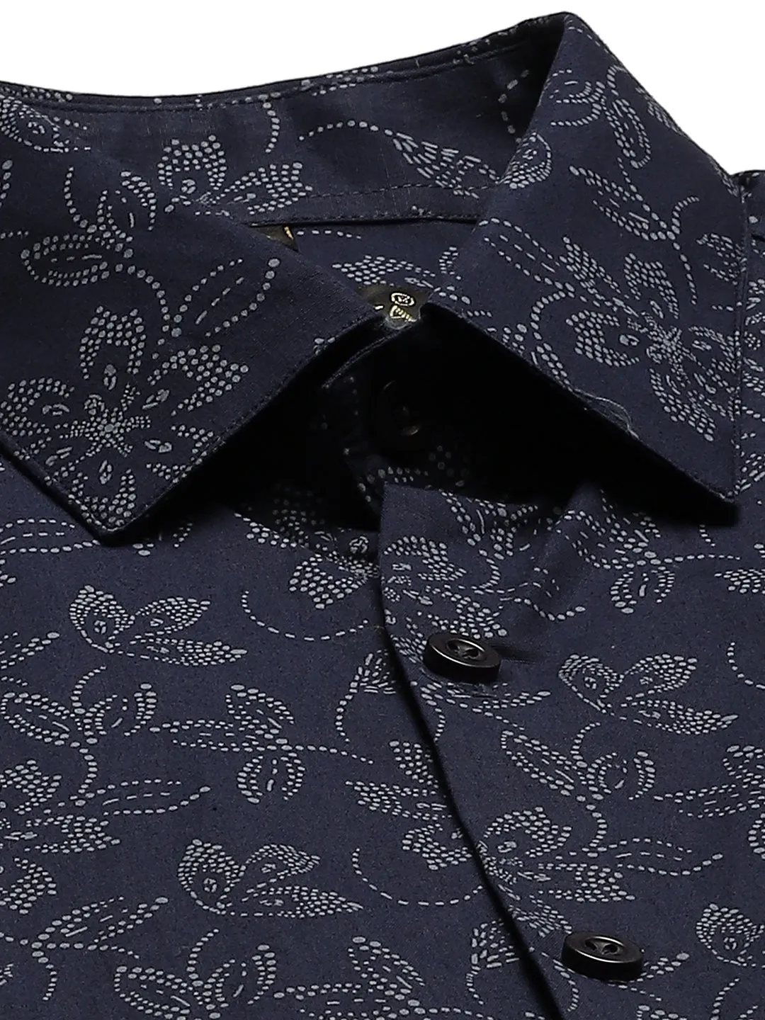 Mens Cotton Navy Blue & Grey Printed Formal Shirt - Sojanya