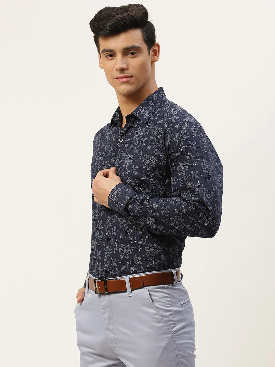 Mens Cotton Navy Blue & Grey Printed Formal Shirt - Sojanya
