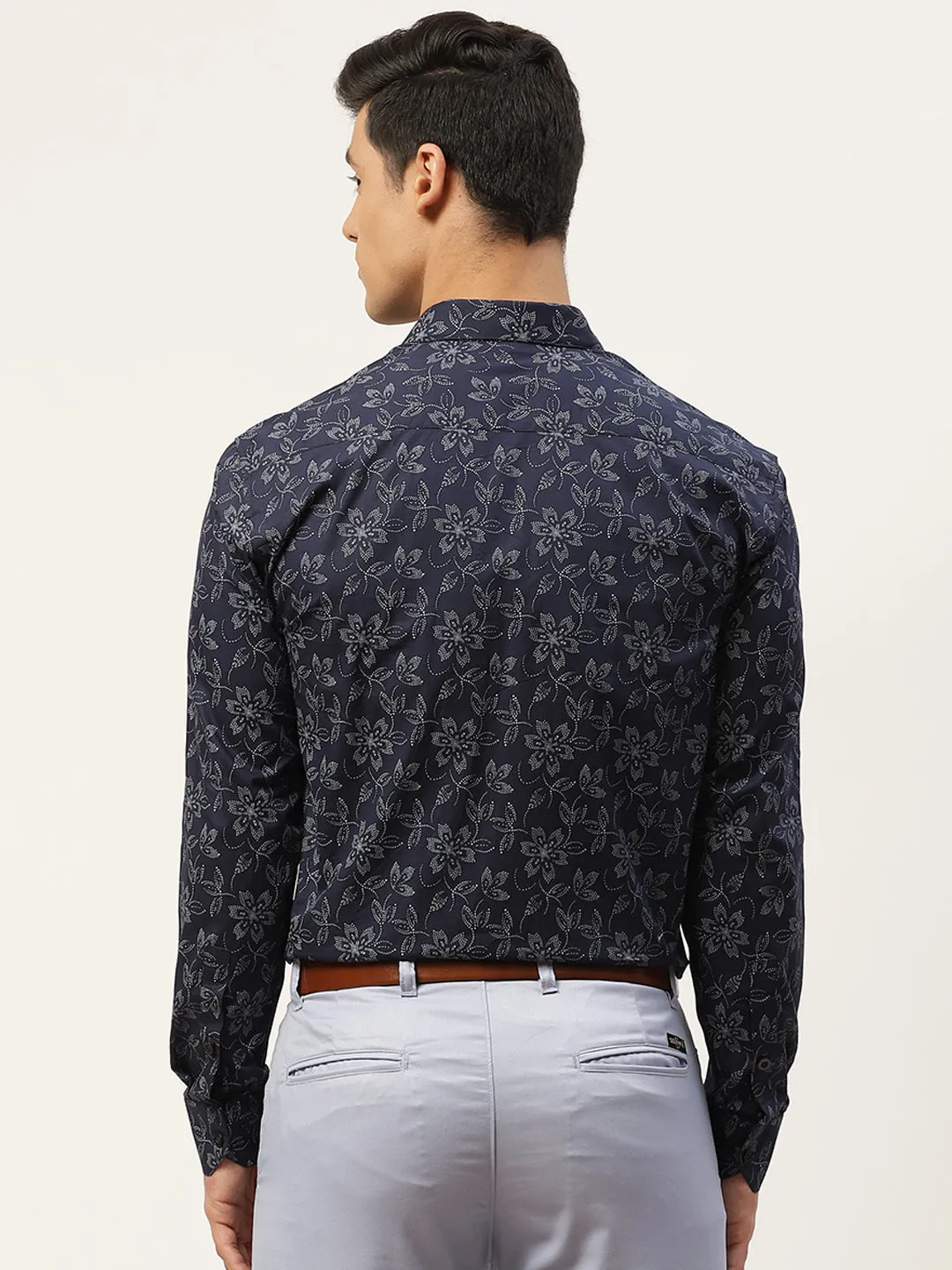 Mens Cotton Navy Blue & Grey Printed Formal Shirt - Sojanya