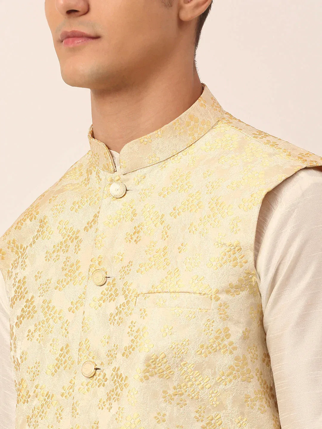 Men'S Golden Floral Design Nehru Jacket.
