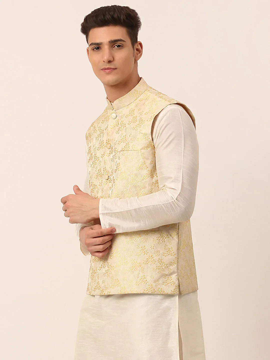 Men'S Golden Floral Design Nehru Jacket.