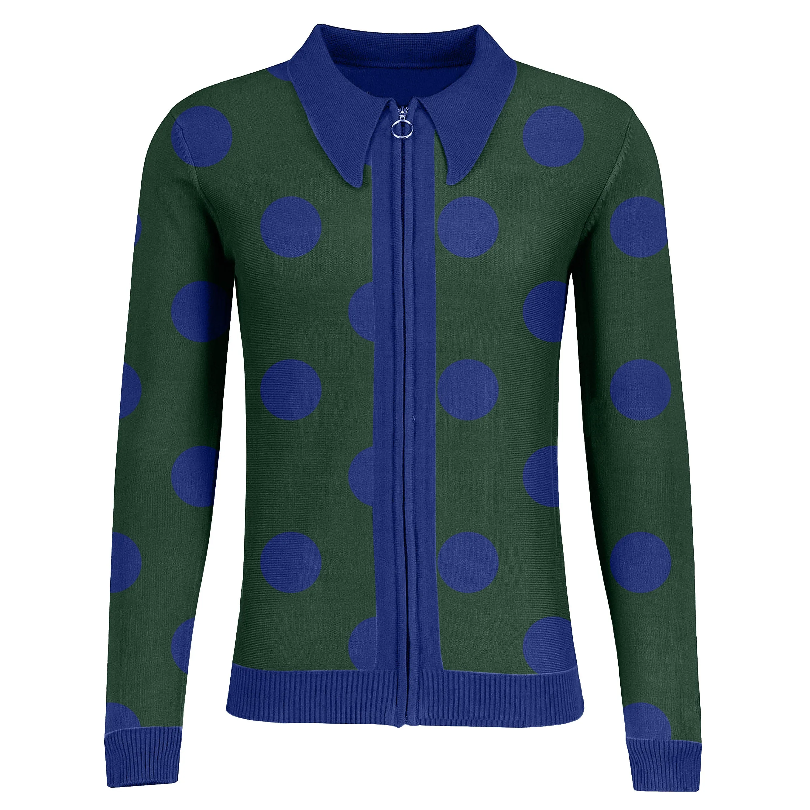 Men's green vintage polka dot zip-up cardigan sweater