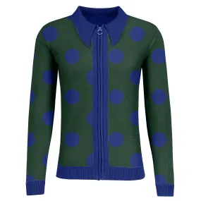 Men's green vintage polka dot zip-up cardigan sweater