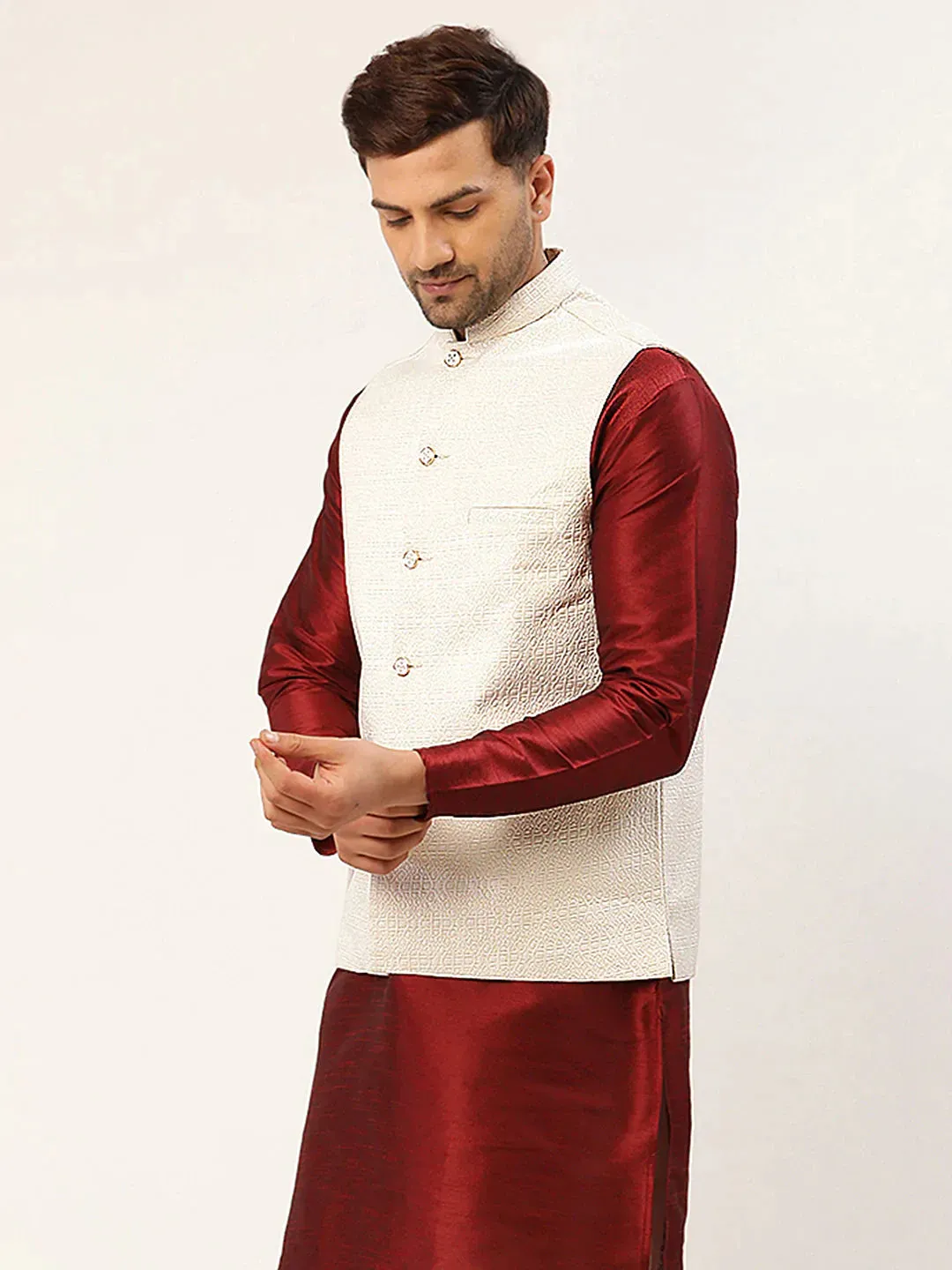 Men'S White & Gold Embossed Nehru Jacket