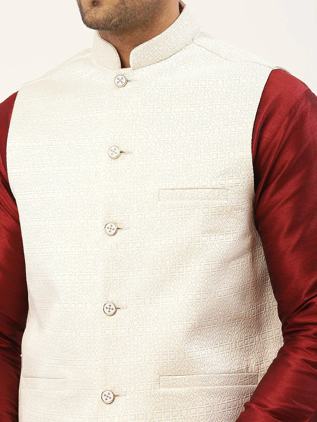 Men'S White & Gold Embossed Nehru Jacket