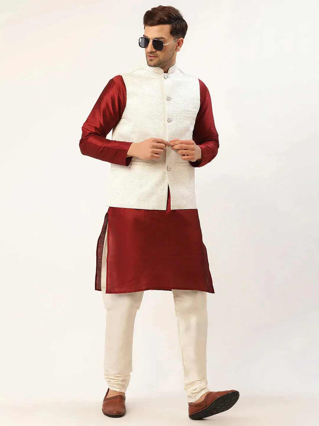Men'S White & Gold Embossed Nehru Jacket