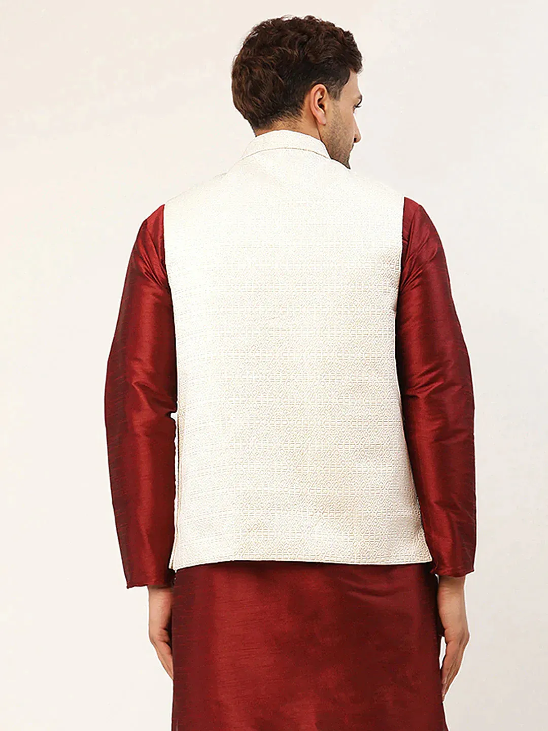 Men'S White & Gold Embossed Nehru Jacket