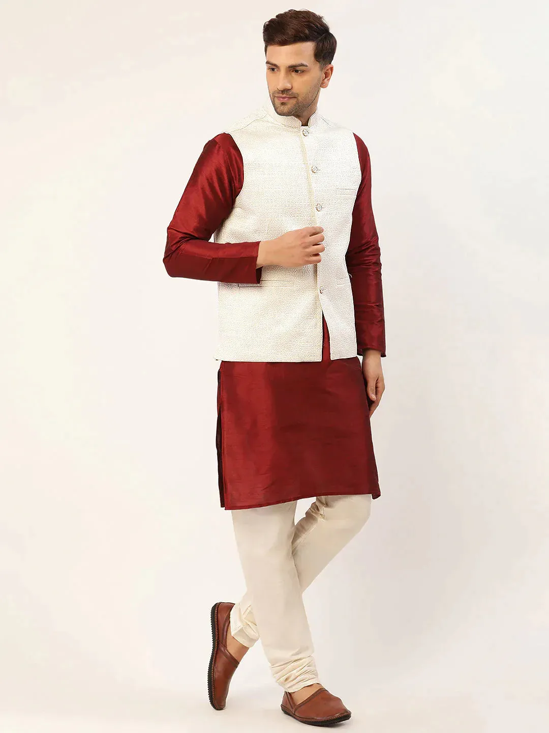 Men'S White & Gold Embossed Nehru Jacket