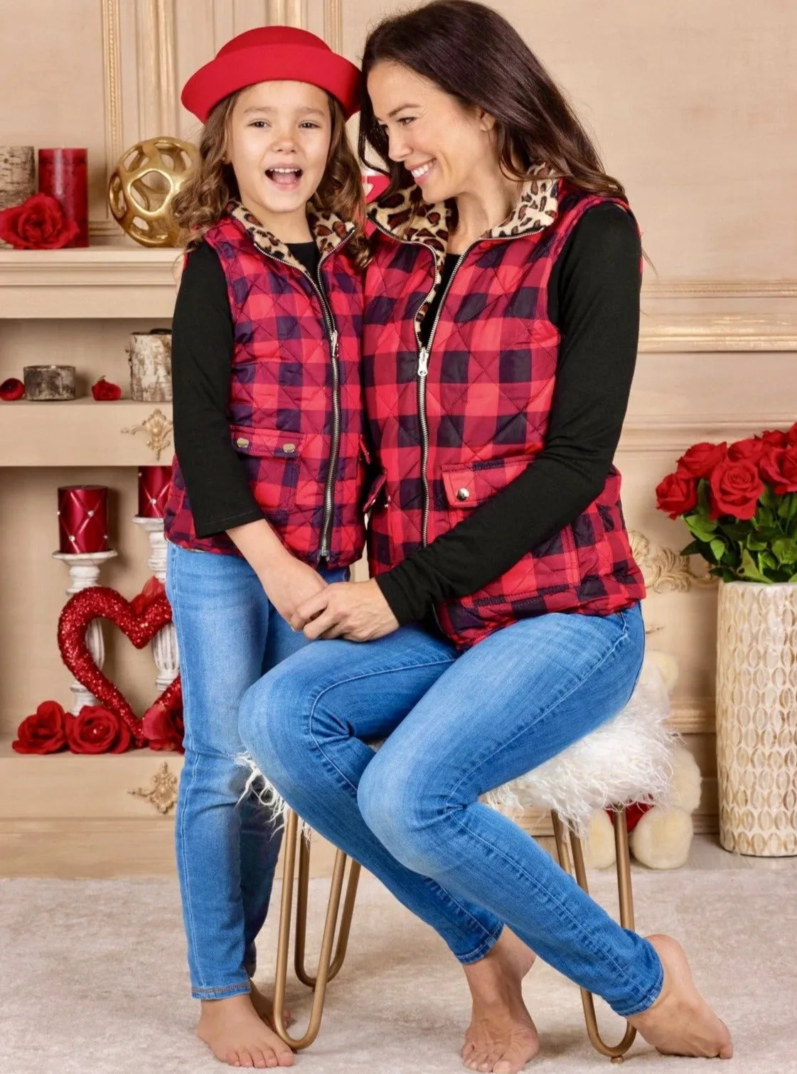 Mommy And Me Leopard Lined Plaid Quilted Vest